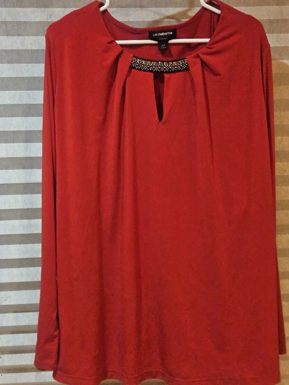 Liz Claiborne Red Long Sleeve Shirt with Beaded Keyhole